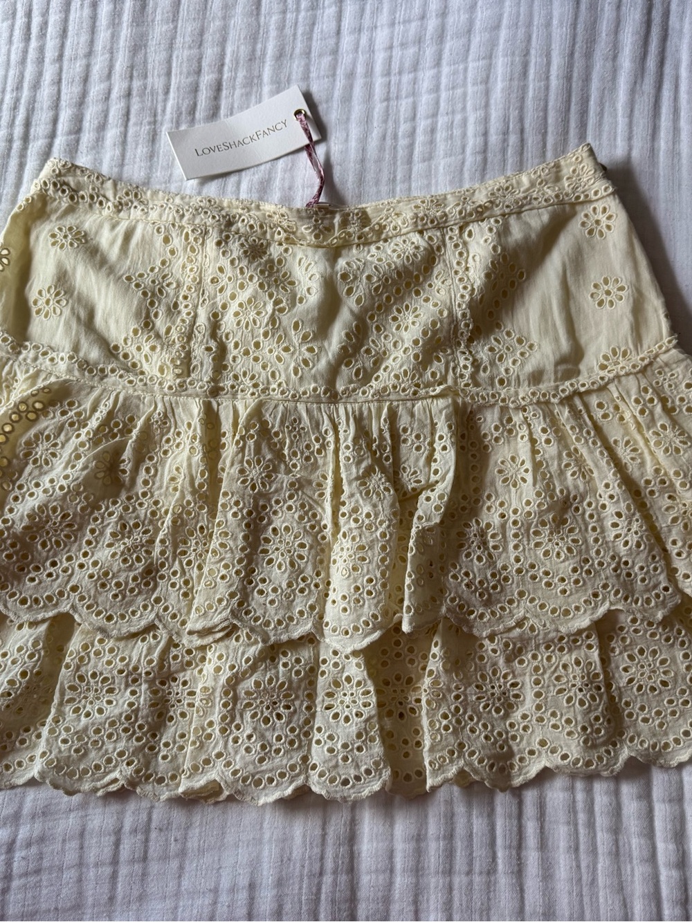LoveShackFancy Amy Buttet yellow Eyelet Tiered Mini Skirt